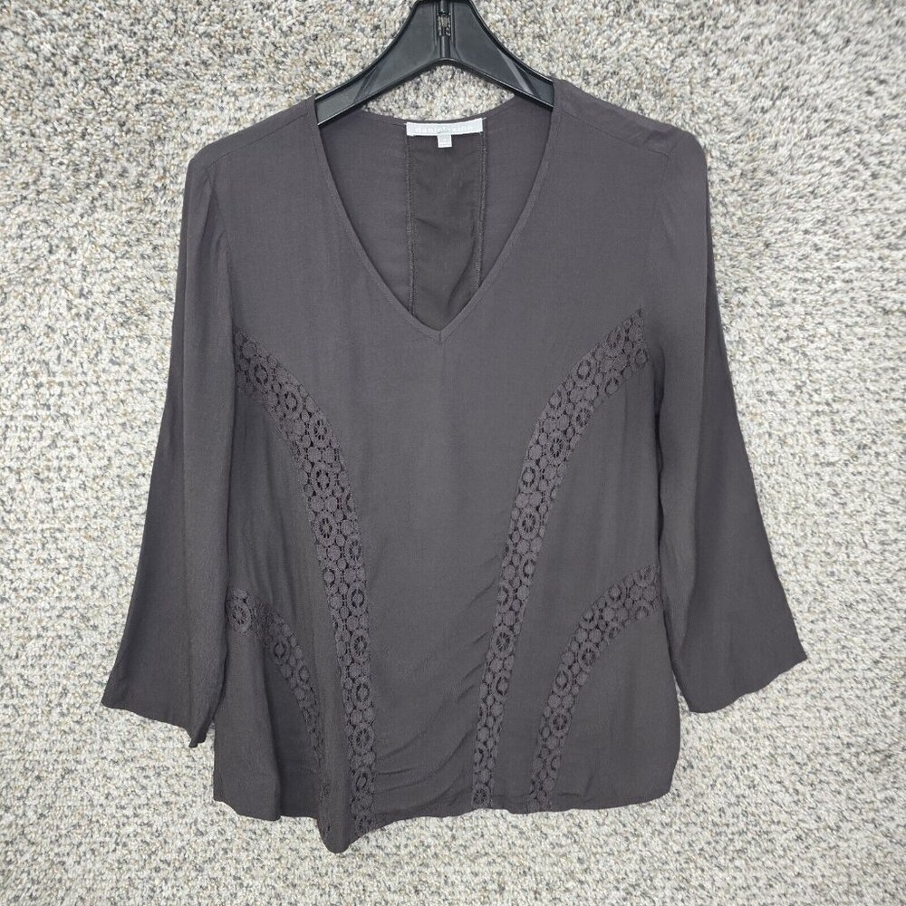 Daniel Rainn Top Womens‎ Medium Gray V Neck Semi Sheer Blouse 3/4 Sleeve Ladies